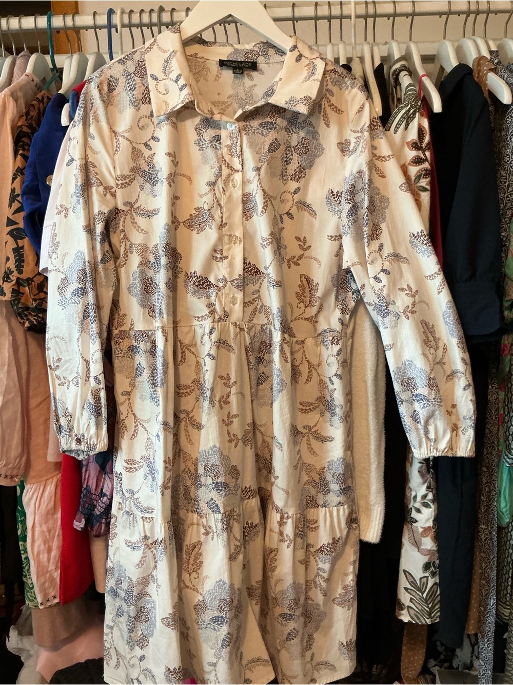 Rachel Zoe Cream Floral Button-Front Tiered Dress size large